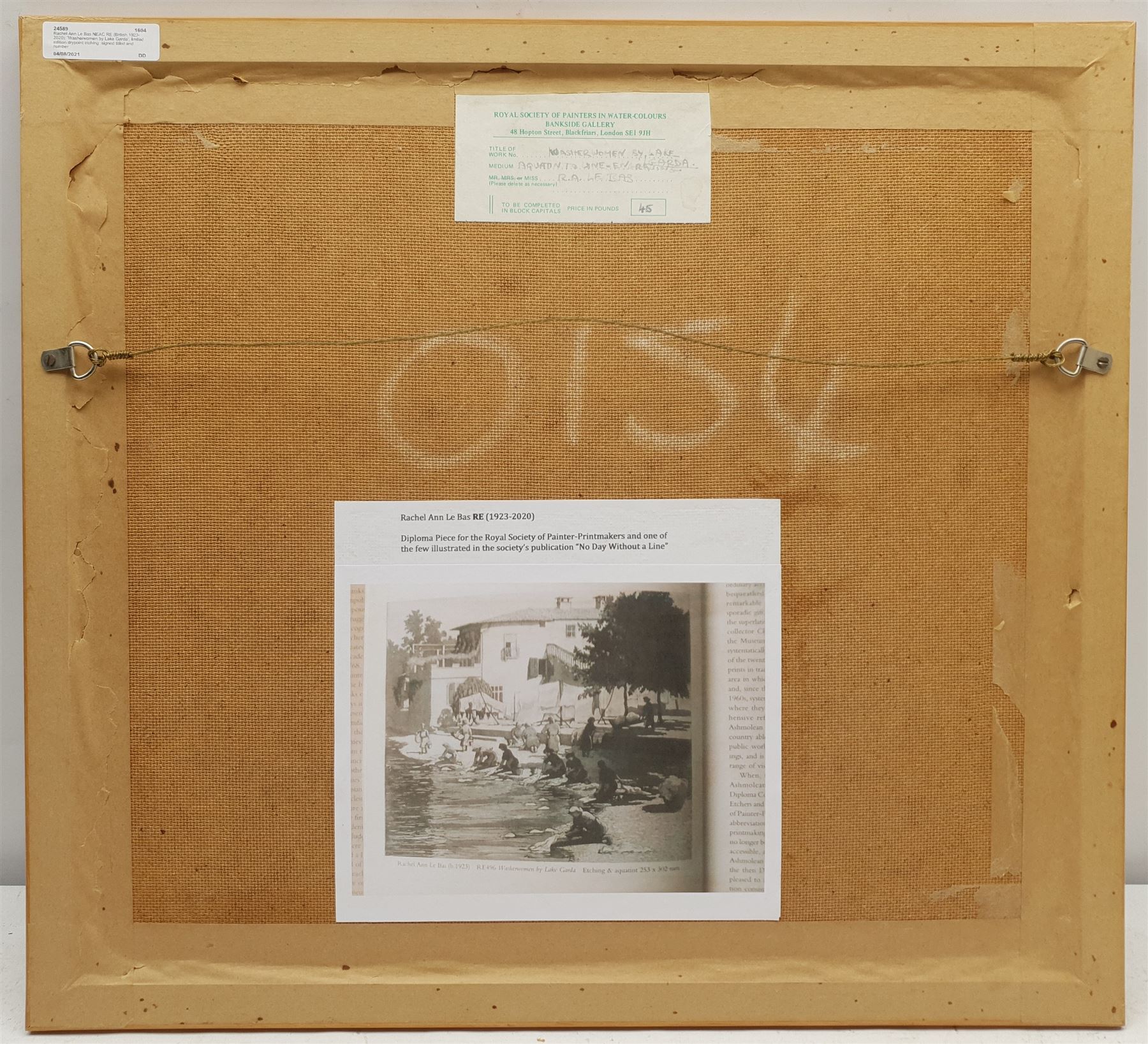 Rachel Ann Le Bas NEAC RE (British 1923-2020): 'Washerwomen by Lake Garda', limited edition etching with aquatint signed titled and numbered 53/75 in pencil 27cm x 32cm 
Notes: this study was Rachel Ann's diploma piece for the Royal Society of Painter-Printmakers and one of the few illustrated in the Society's publication 'No Day without a Line'; exh. Royal Society of Painters in Watercolours Bankside Gallery, London, Label verso