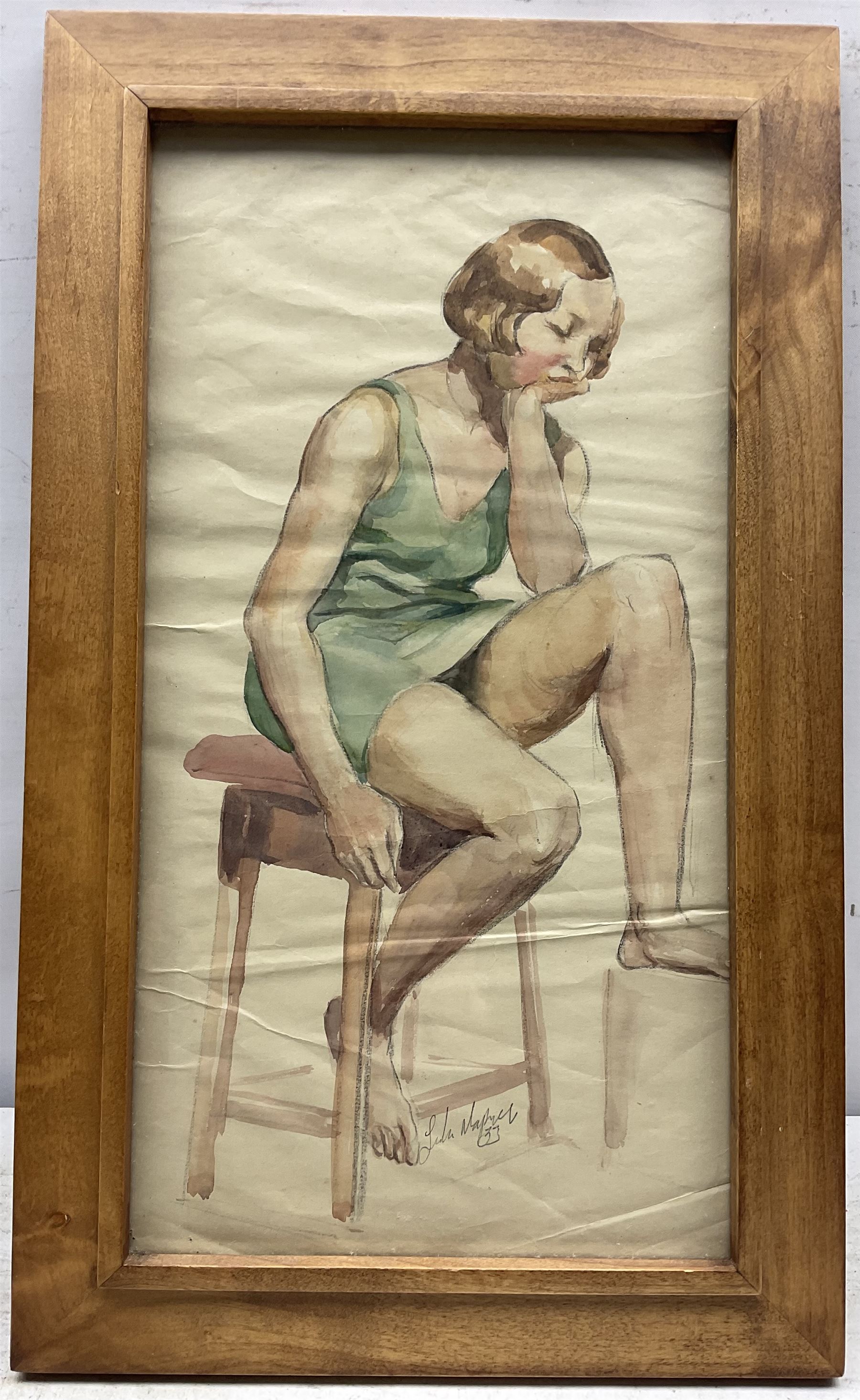 John Napper (British 1916-2001): Girl on a Stool, watercolour signed and indistinctly dated '33, 39cm x 20cm