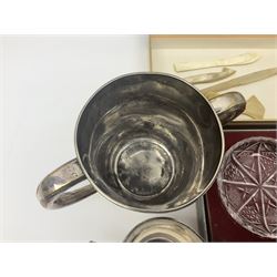 Pair of cut glass butter dishes, with hallmarked silver butter knives, together with a collection of silver plate including Georgian tankard, trophy cup and flatware, horn cutlery etc