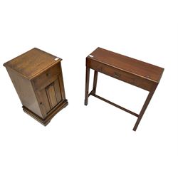 Early 20th century oak bedside cabinet, fitted with single drawer and cupboard (W38cm D36cm H68cm); and 20th century mahogany side table fitted with single drawer (W66cm D24cm H70cm) (2)