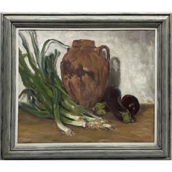 Neil Tyler (British 1945-): Still Life 'Leeks and Spanish Pot', oil on canvas signed, titled verso 49cm x 59cm