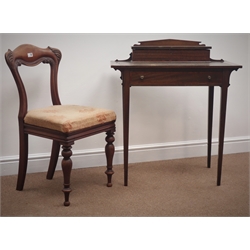  Edwardian inlaid writing table, raised hinged compartment with fitted interior, rectangular top with leather inset, single drawer, square tapering supports (W75cm, H86cm, D44cm), and a Victorian mahogany side chair   