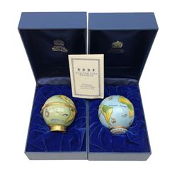 Two Halcyon Days enamel boxes modelled as globes, Let the great world spin forever, and Endangered Species of the World, each in fitted box 