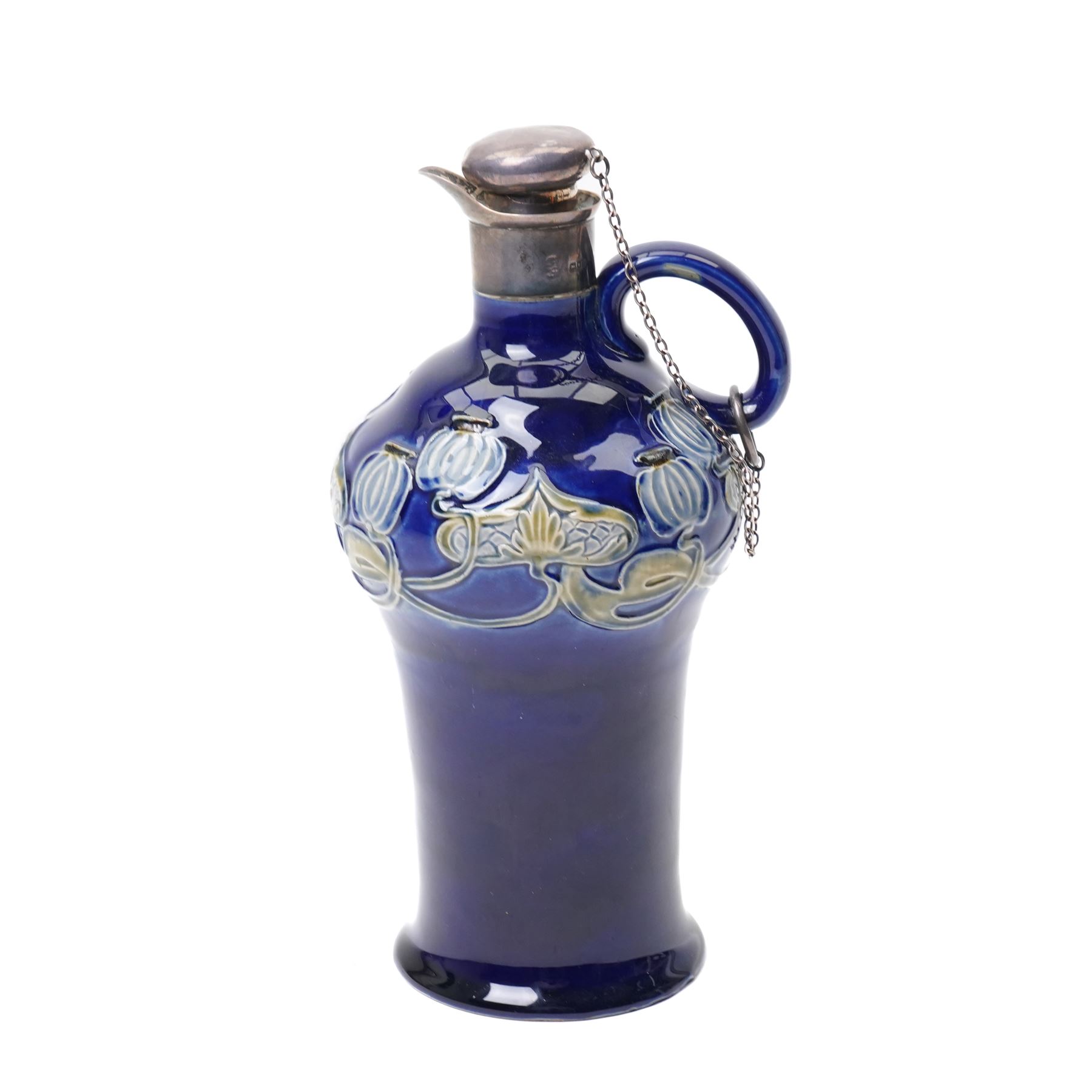 Royal Doulton decanter, designed my Marion Holbrook, of Art Nouveau design with London 1903 silver collar and stopper, H23cm 