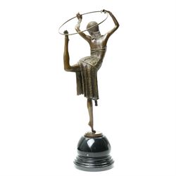 After Dimitri Chiparus - Art Deco style bronze figure of a dancer with hoop, signature and foundry mark on marble base H52cm 