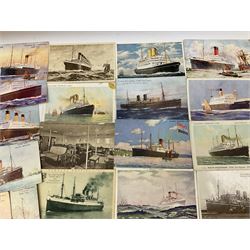 Sixty-five early 20th century postcards of passenger liners including White Star, Red Star, Atlantic Transport, Anchor, Cunard, Henderson, Booth, Union Castle, Holland America, Lamport & Holt, P. & O., New Zealand, Canadian Pacific, British India etc; and ten Edwardian postcards of Naval warships and officers (75)