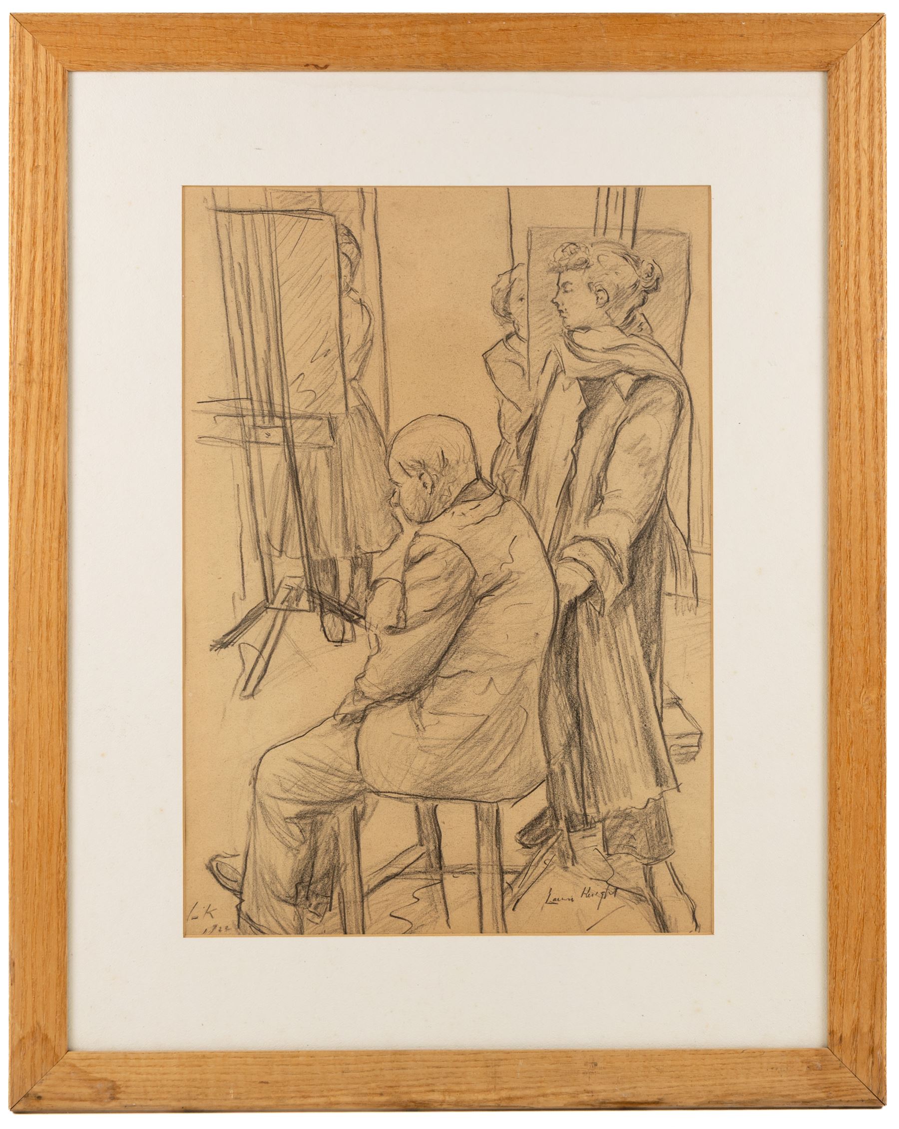 Dame Laura Knight (Staithes Group 1877-1970): A Drawing Lesson, pencil drawing signed twice and dated 1922, 48cm x 34cm