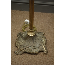  Cast metal standard lamp, reeded column, moulded base with paw feet, cream shade, H133cm (This item is PAT tested - 5 day warranty from date of sale)  