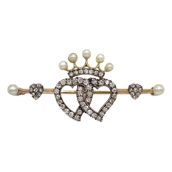  19th century intertwined witches heart bar brooch, beneath crown, set with rose-cut diamonds and seed pearls in gold, 5cm  