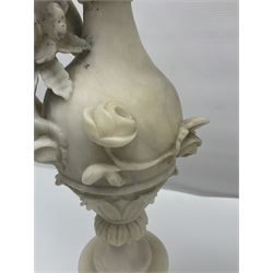 Pair of Continental alabaster urn form vases, decorated with roses and foliate vines, H44cm