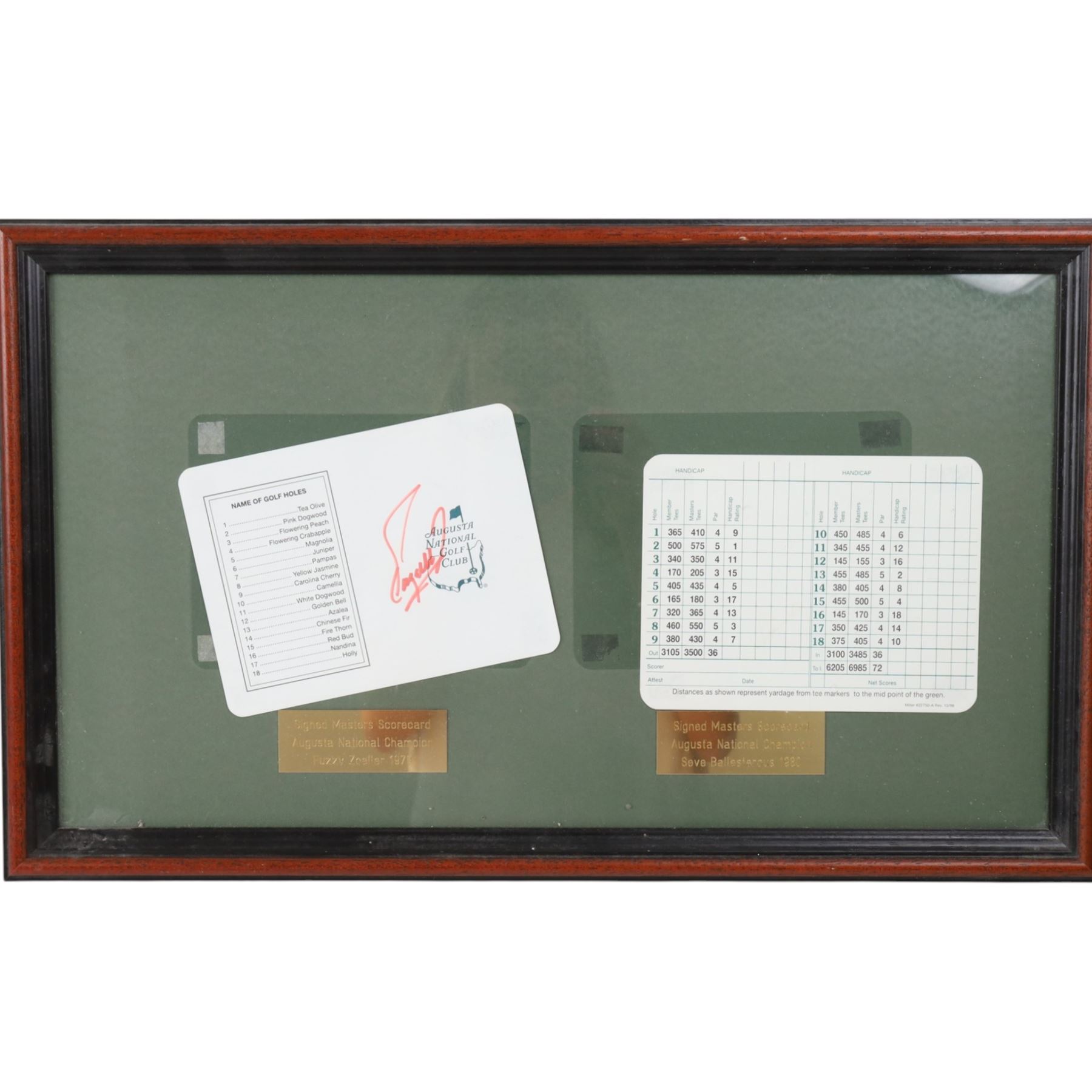 Signed golf memorabilia, to include 1988 US Masters Champion Augusta National flag, signed by Sandy Lyle, a golfing glove signed by Nick Faldo, two signed 2002 Ryder Cup prints, 1979 Masters scorecard signed by Fuzzy Zoeller displayed with a 1980 Masters scorecard signed by Seve Ballesteros, all framed, largest frame H60cm