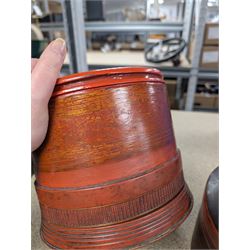 Burmese red lacquer circular box, pewter coffee pot, wooden book slide and circular photograph frames, thimbles including silver example, sampler and a small collection of vintage dolls house furniture