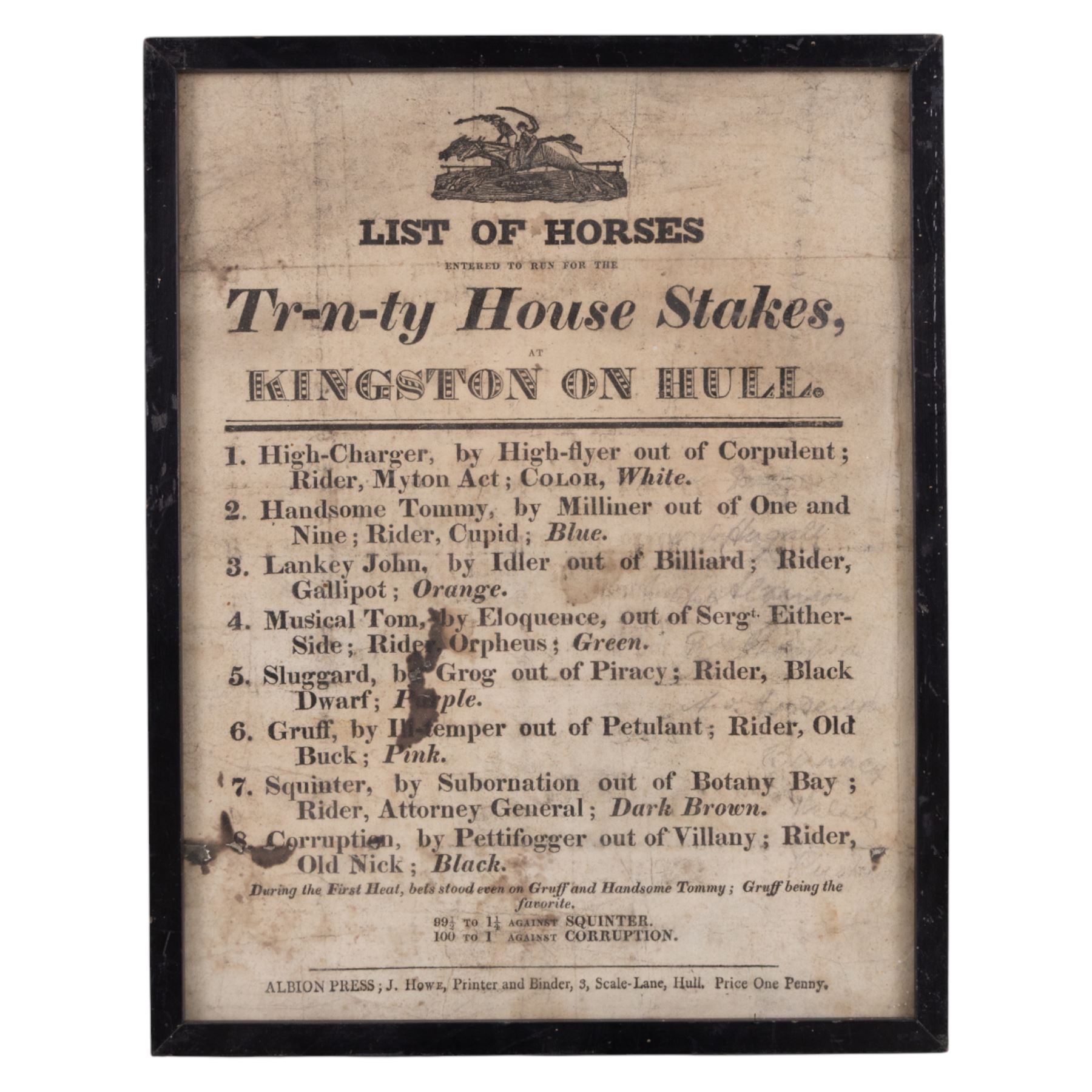 Jansson (Jan) 'East Riding of Yorke Shire', 17th Century hand coloured map with figural scale, title cartouche and armorials 44cm x 54cm; Daniel Meisner 'Hull in Engellandt', monochrome engraved map of Kingston upon Hull for Eberhard Kieser's 'Politisches Schatzkastlein' pub. c1620 11cm x 15.5cm; 18th/early 19th cent. Steeple Chase notice 'List of Horses - Trinity House Stakes at Kingston on Hull 26.5cm x 20.5cm (3)