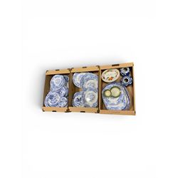 Blue and white dinner service, including dinner plates, covered dishes etc, with impressed...