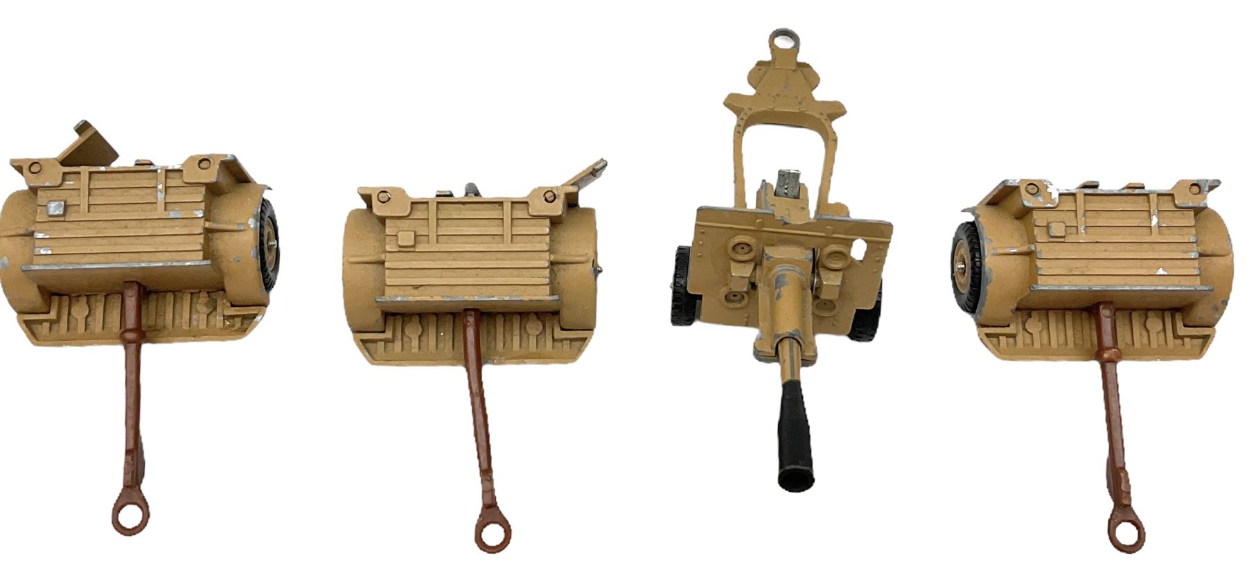 Various Makers - military vehicles comprising Schuco Kubelwagen and two Russian tanks, all boxed; and quantity of unboxed and playworn models including five Crescent Field Guns and Ammunition Limbers, Crescent Heavy Rescue Crane, Johilco Mobile Searchlight, Britains German Army BMW Combination, two Skybirds trucks etc; and a tin-plate armoured car.