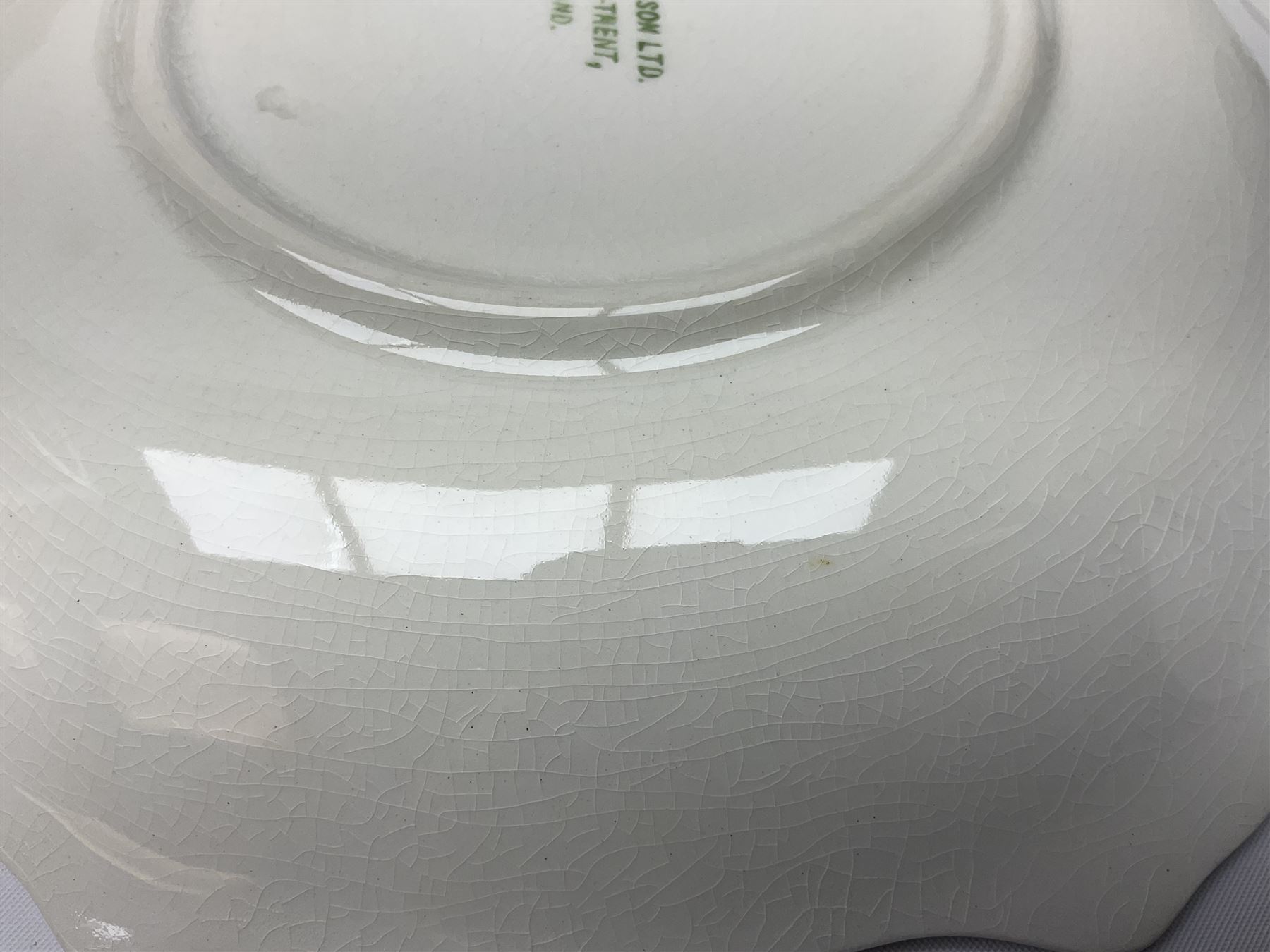 Shorter & Son six fish plates, together with a larger platter and sauce boat and saucer, all with stamped marks beneath