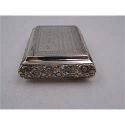 William IV silver snuff box, of rectangular form with repousse and chased floral decoration to sides, with presentation engraving to hinged cover reading 'Presented to Mr John Fenwick for his valuable and gratuitous services as surveyor of the highways of Whitby by several of the Rate Payers 1837', hallmarked Birmingham 1835, maker's mark TS, W9cm, D6cm, H2.5cm