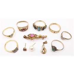  Collection of scrap gold stone set rings, other 9ct jewellery and mined gold approx 28gm gross  
