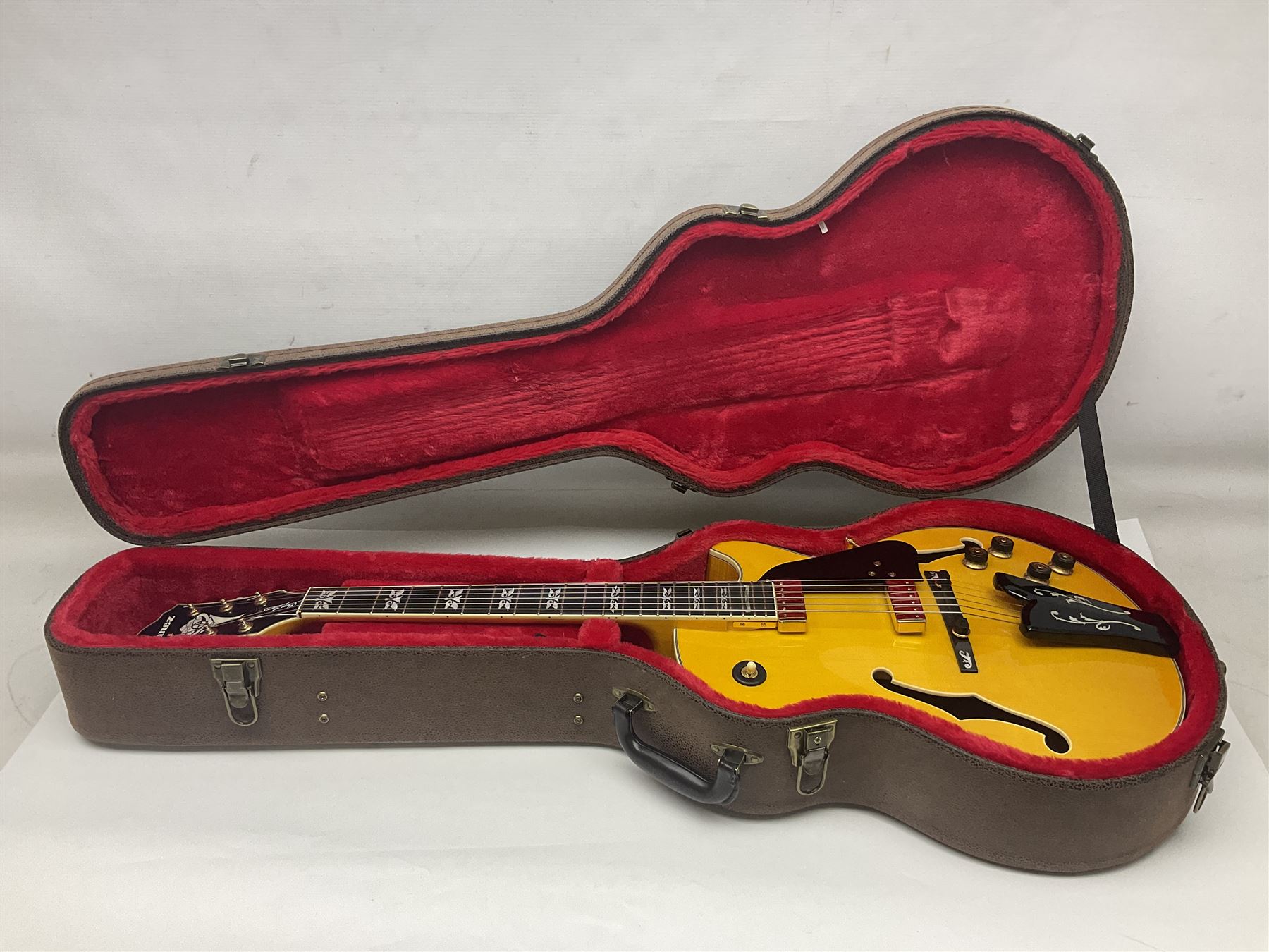 Ibanez George Benson 40th Anniversary arch top semi-acoustic guitar with floating pick-ups and mother-of-pearl inlay; model no.GB40THII serial no.S16120480; L104.5cm; in Ibanez hard carrying case with manual