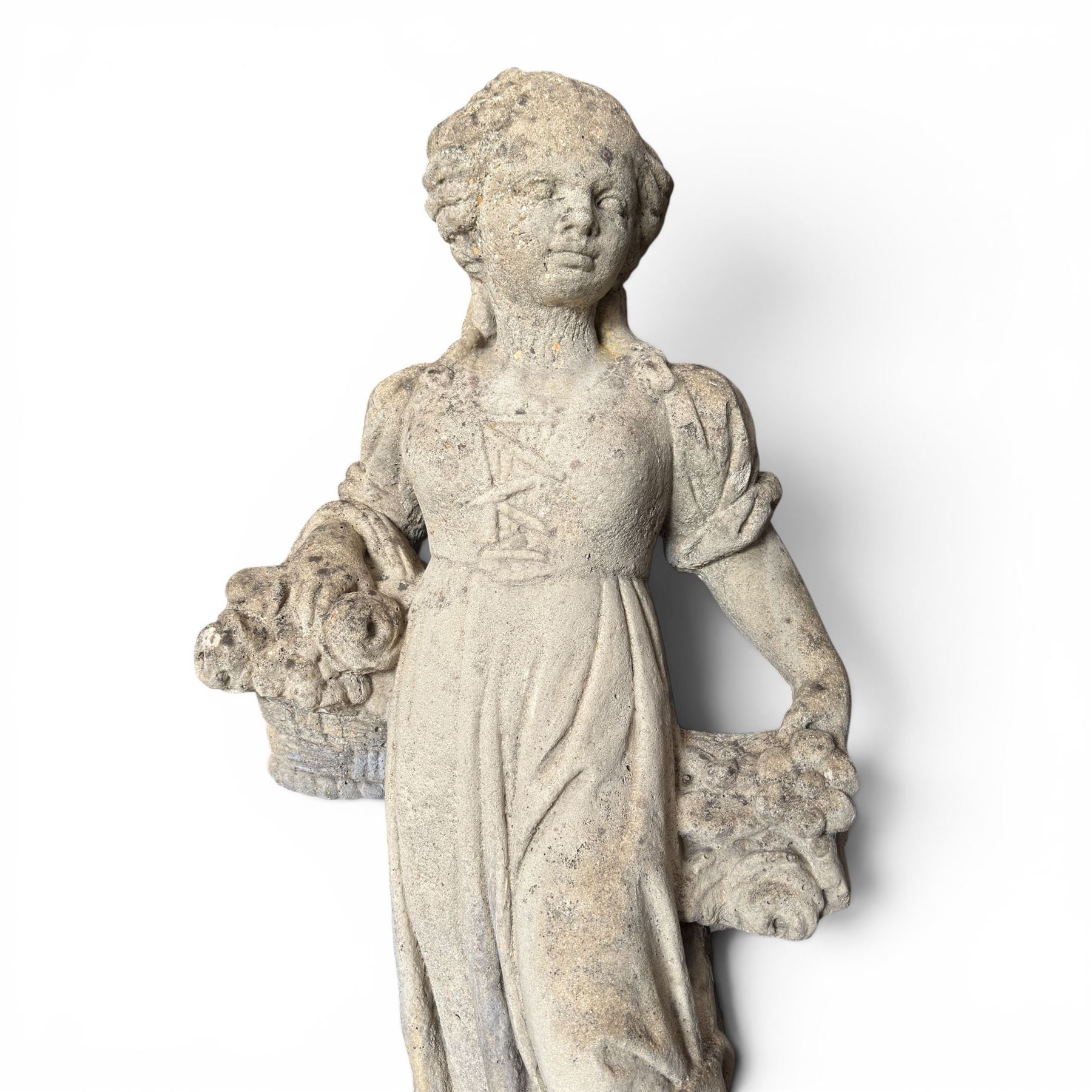 The Four Seasons - set of four traditional cast stone garden figures, in a weathered finish, stamped 'Lucas'