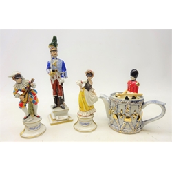  Capo di Monte figure '15th Lt. Dragoons 1826', pair of Capo di Monte figures 'Colombina' and 'Arlecchino' and a novelty teapot as a military drum with drummer boy lid (4)  