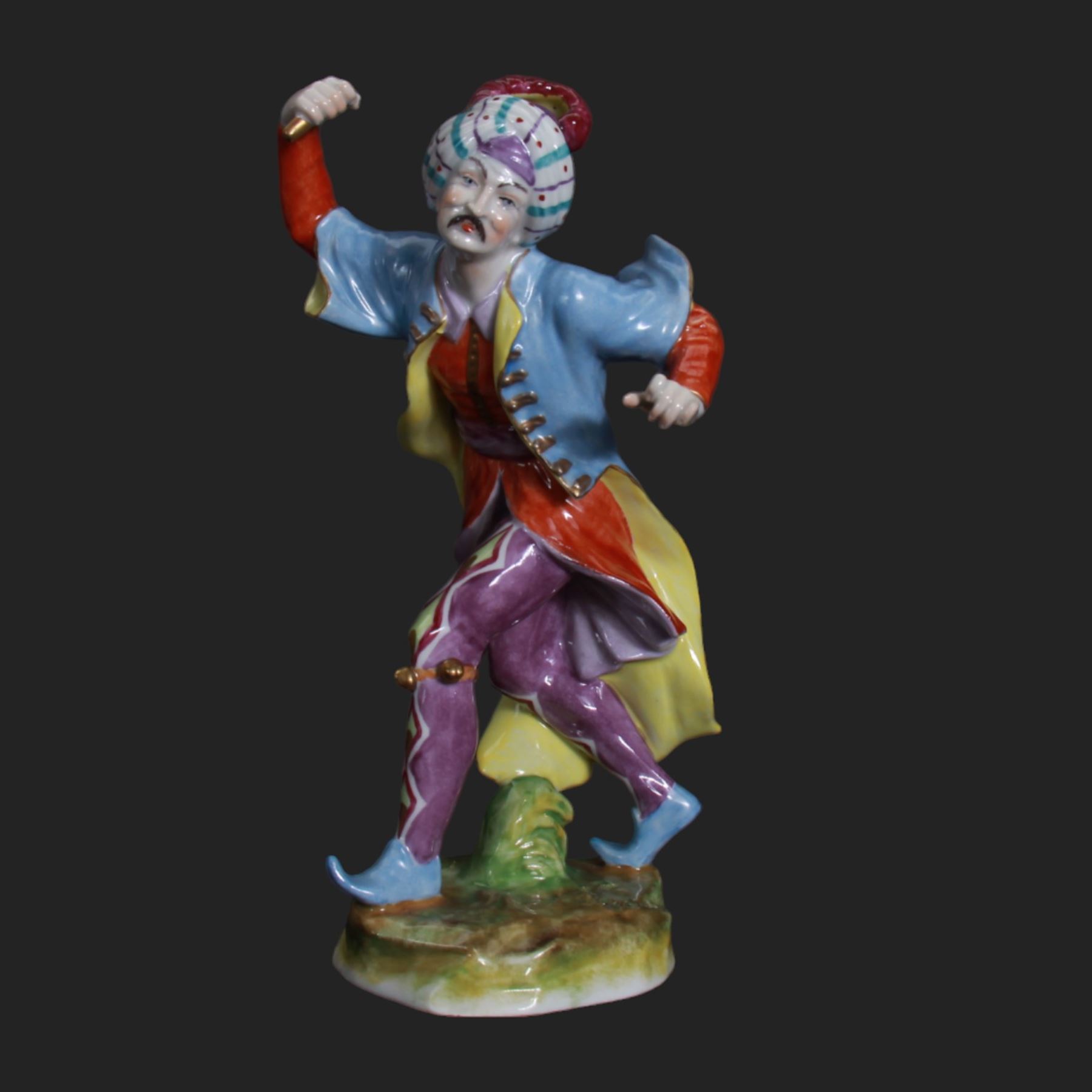 Two Volkstedt figures, comprising Piper and Harlequin, together with three Sitzendorf figures, largest H20cm 