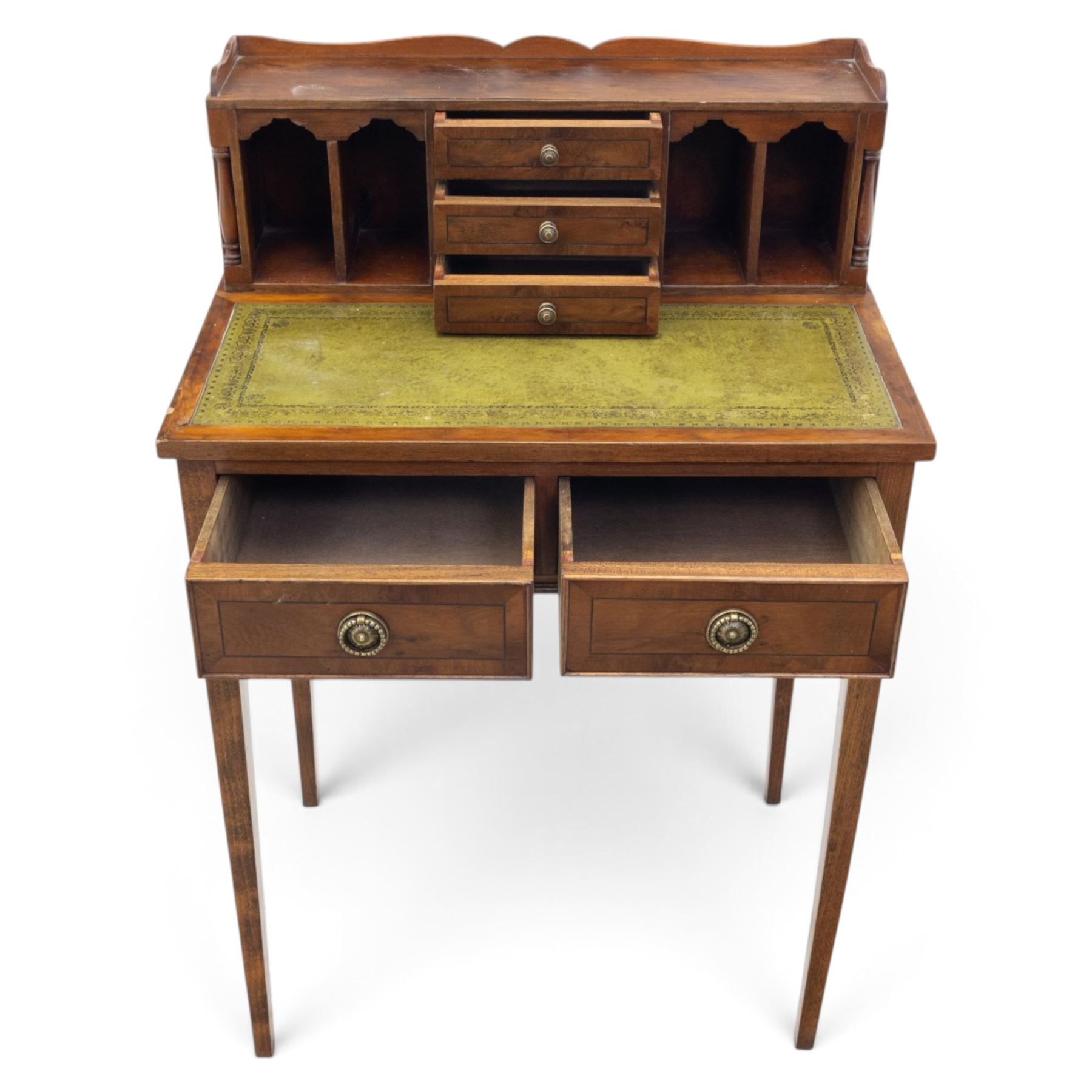 Small Edwardian writing desk, with raised back with three fitted drawers and pigeon holes, above a green tooled leather writing surface, two short drawers with brass ring pulls, square tapering supports