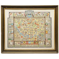 Denis Mason Jones (British 1918-2010): 'Leeds from AD 1626',  pictorial colour map with major events and churches to the margins 54cm x 66cm 