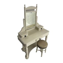 Edwardian cream painted dressing table, fitted with rectangular swing mirror over two trinket drawers with ceramic handles, rectangular top with frieze drawer, raised on turned front supports; with circular stool, leather seat over four turned supports