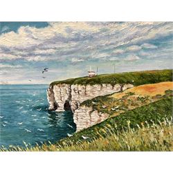 English School (20th century): 'Flamborough Cliffs and Lookout Station, oil on board indistinctly signed 30cm x 47cm