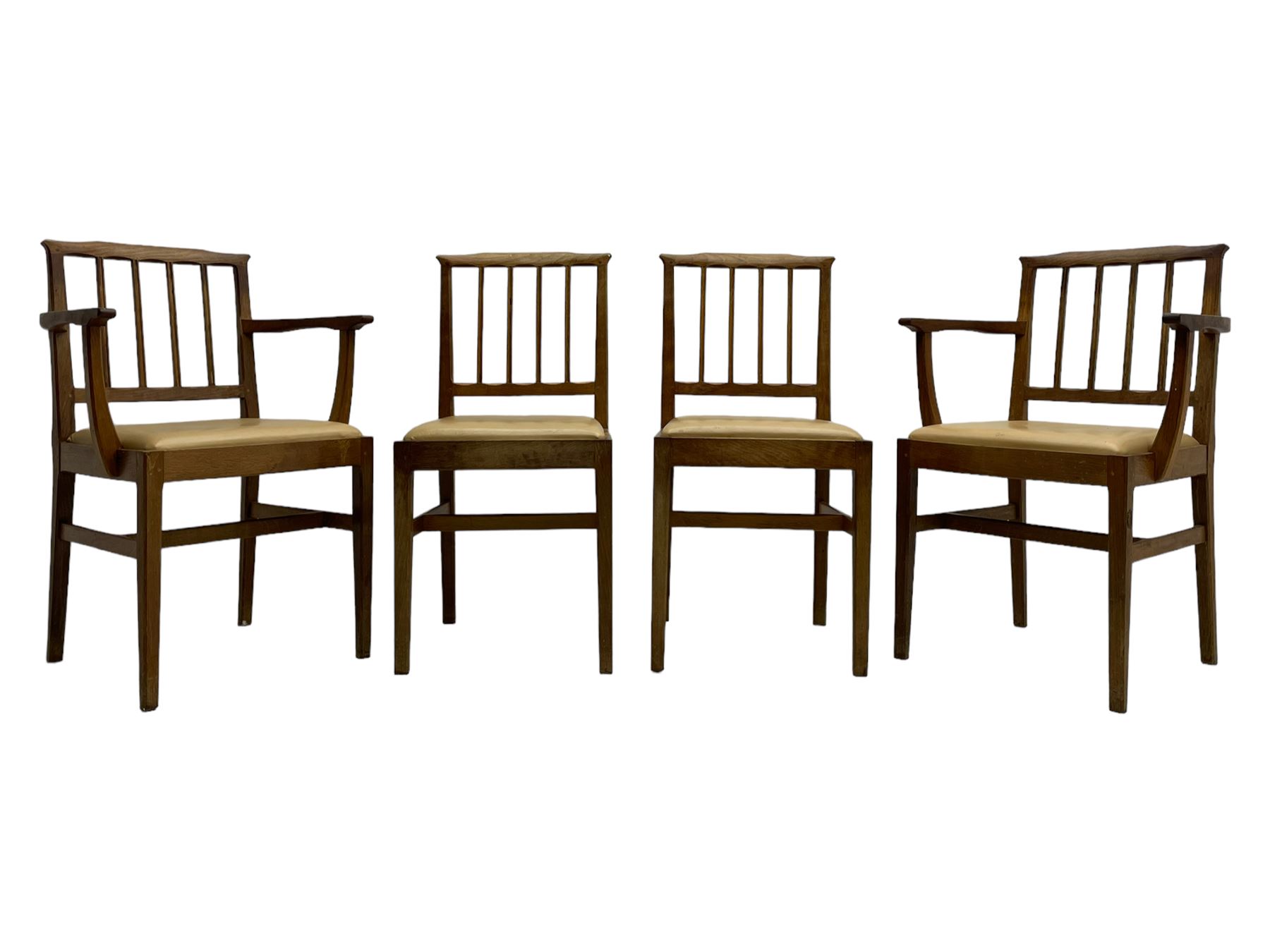 Acornman - set six (4+2) oak dining chairs, shaped cresting rail over moulded upright slats, square tapering supports joined by H-stretchers, by Alan Grainger, Brandsby, York