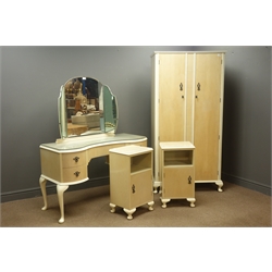  20th century bedroom suite, wardrobe with two doors enclosing fitted interior on cabriole legs, (W88cm, H175cm, D55cm), a serpentine front dressing table with three piece raised back mirror, frieze front flanked by four short drawers, cabriole legs, (W125cm, D50cm, H148cm) and pair matching bedside chest  