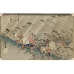 After Utagawa Hiroshige (Japanese 1797-1858): 'Sudden Shower at Shōno', Meiji period woodblock print from the series Fifty-three Stations of the Tōkaidō 23cm x 36cm