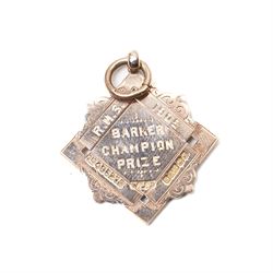 Four early 20th century 9ct gold sporting fob medallions, awarded to John Barugh Fisher (1888-1924) born in Amotherby, studied at Leeds University and became doctor in 1911, later Captain John Barugh Fisher R.A.M.C., three cased
