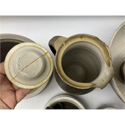 Marianne De Trey (British 1913-2016) stoneware coffee service for twelve, together with a large deep stoneware footed bowl and ladle with wood handle, all decorated in Manganese 'Pattern 1' with impressed shell marks, bowl D27cm