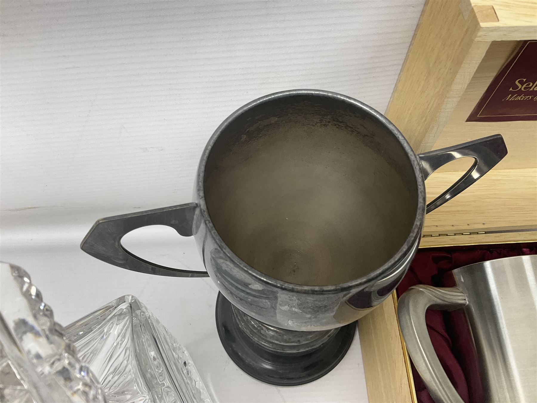 German Bleikristall decanter, set of six Stuart Crystal glasses, a Dartington Crystal decanter, christmas lights and a collection of pewter tankards, etc 