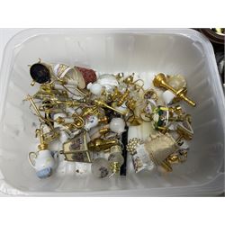 Collection of miniature dolls house pub accessories including wine bottles and glasses, together with miniature dolls house cafe food and accessories, plates, vases and wired and non-wired lighting including table lamps and ceiling lights 