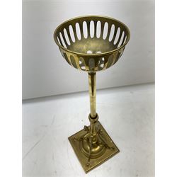 Victorian brass telescopic oil standard lamp, raised upon four scrolling feet of stylised feather form upon stepped square base, H58.5cm fully extended