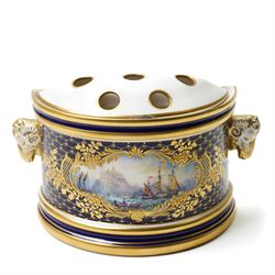 Lynton Porcelain Company demi-lune bough pot and cover, painted with naval scene, printed ...