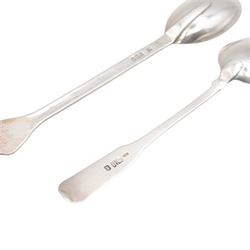 Late 20th century Scottish silver Arts and Crafts style trifid teaspoon with oval rattail bowl, with chased decoration to stem, hallmarked Isle of Mull Silver Co, Edinburgh 1986, together with two Scottish provincial silver spoons, comprising spice lifter, hallmarked William and Patrick Cunningham, Edinburgh and a Fiddle pattern teaspoon, hallmarked William Hannay, Paisley, C1837, both with engraved crests/initials