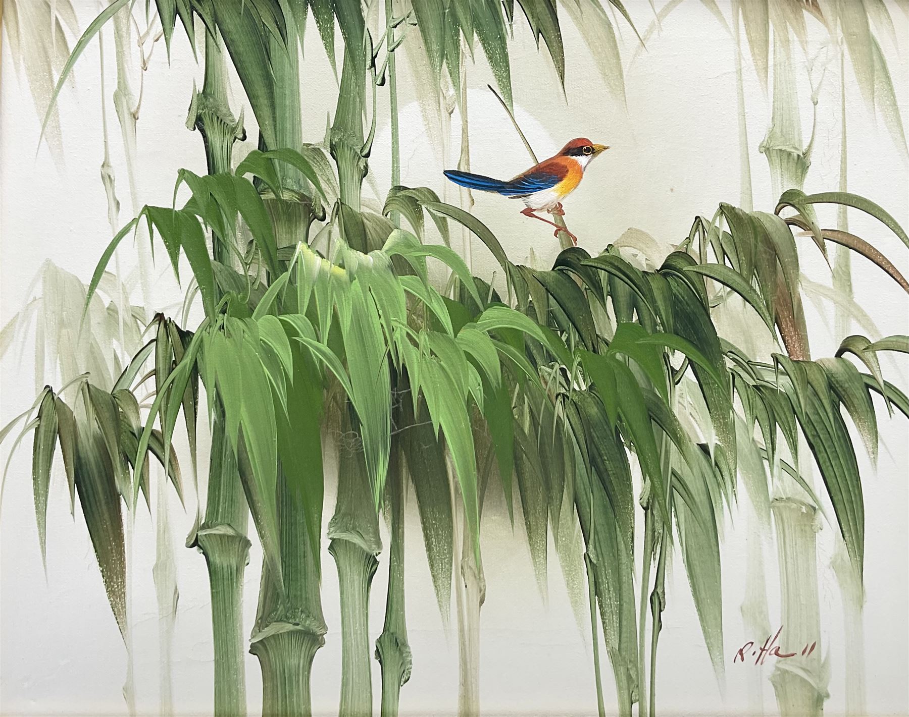 R Hall (British 20th century): Exotic Bird Perched on Bamboo Trees, oil on canvas signed together with S Atkinson (British 20th century): Roses, watercolour signed max 40cm x 50cm (2)