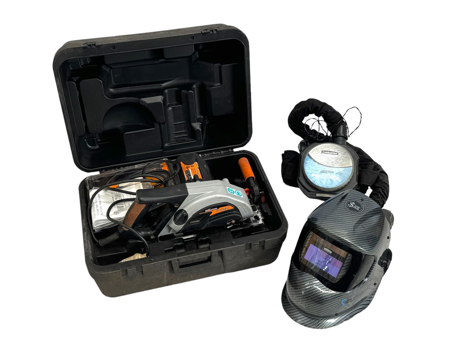 Evolution 110V circular saw and a Kimberley Clark welding mask