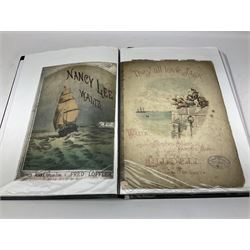 Album of Victorian and later sheet music covers to include The Death of Lord Nelson by Braham, late 18th century copy of All's Well. by D. Corri, The Sailors Dream, The Musical Bouquet, They All Love Jack, Ship Ahoy and other similar titles (approx 45, plus later printed ephemera - some relating to the Titanic)