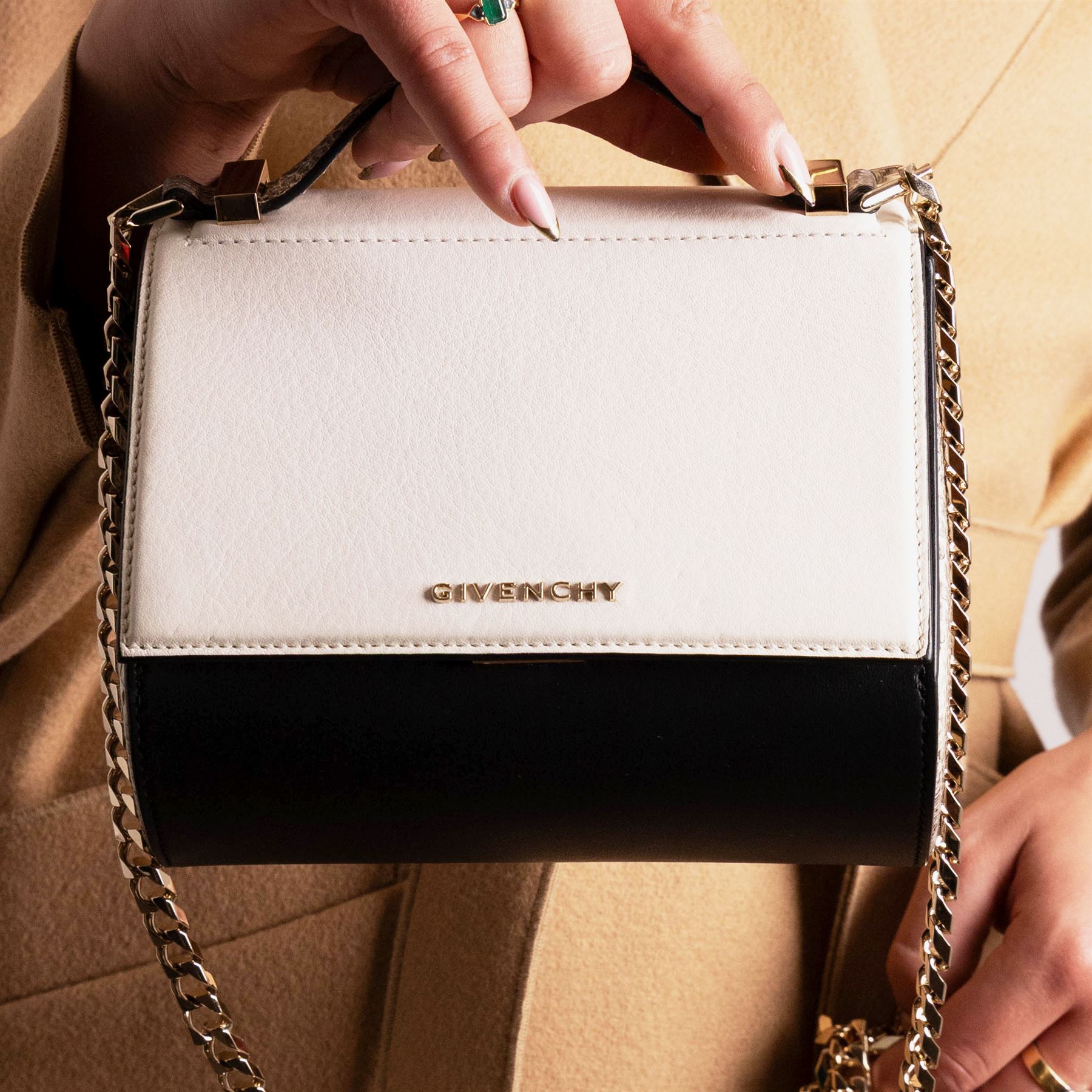 Givenchy - ‘Pandora Box’ Mini Bag, introduced circa 2016, in white and black leather with contrasting python side panels and top handle, with gold-tone shoulder or crossbody chain strap and hardware, unused with original dust bag