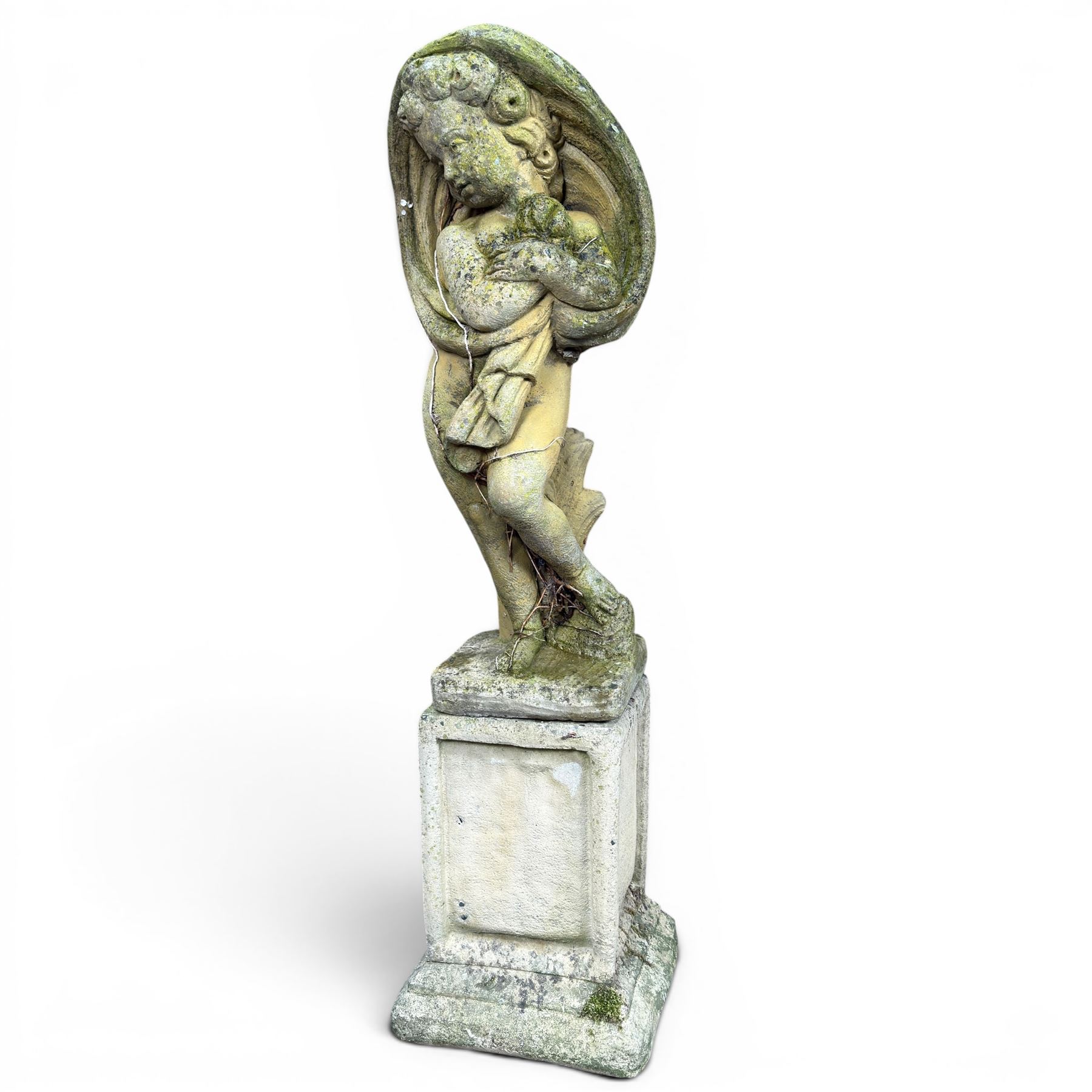 Collection of cast stone garden ornaments - three figure bird baths, figure on plinth, seated lion, lion, boy figure, and stone trough (9)