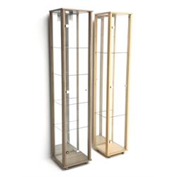  Two illuminated tall floor standing display cabinets with adjustable glass shelves, (36cm x 33cm, H172cm) and (32cm x 32cm, H172cm)  