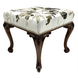 Victorian walnut square cabriole stool, the seat upholstered in buttoned white ground and floral pattern 'Symphony' fabric by Sanderson, scroll and floral carved supports 