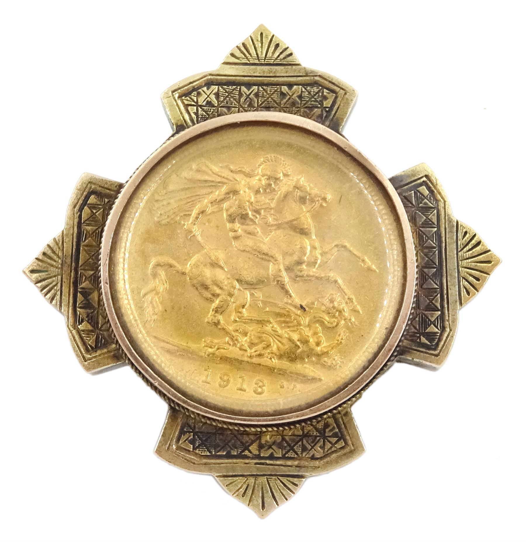 George V 1918 gold full sovereign coin, mounted in gold brooch