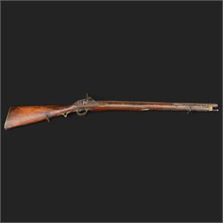 Percussion musket, the 70cm barrel with ramrod under, full walnut stock, with two sling swivels, overall L110cm
Sold as an exempt item under Section 58 (2) of the 1968 Firearms Act, to be held as a curiosity or ornament