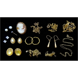 Gold necklace chains, gold butterfly backs, cameo brooch and stud earrings, all 9ct stamped or tested
